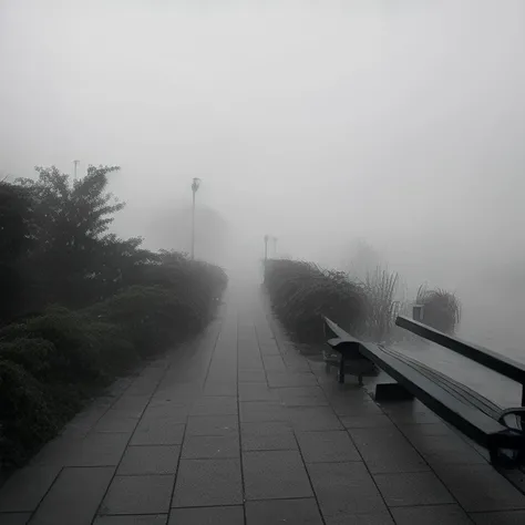 Alafid view of a sidewalk，There is a bench and a lake in the background, gloomy and foggy atmosphere, Foggy mood, gloomy foggy atmosphere, Hazy mood, Foggy days, foggy photo 8k, gloomy foggy atmosphere, Fog zone, foggy weather atmosphere, Mysterious mist, ...