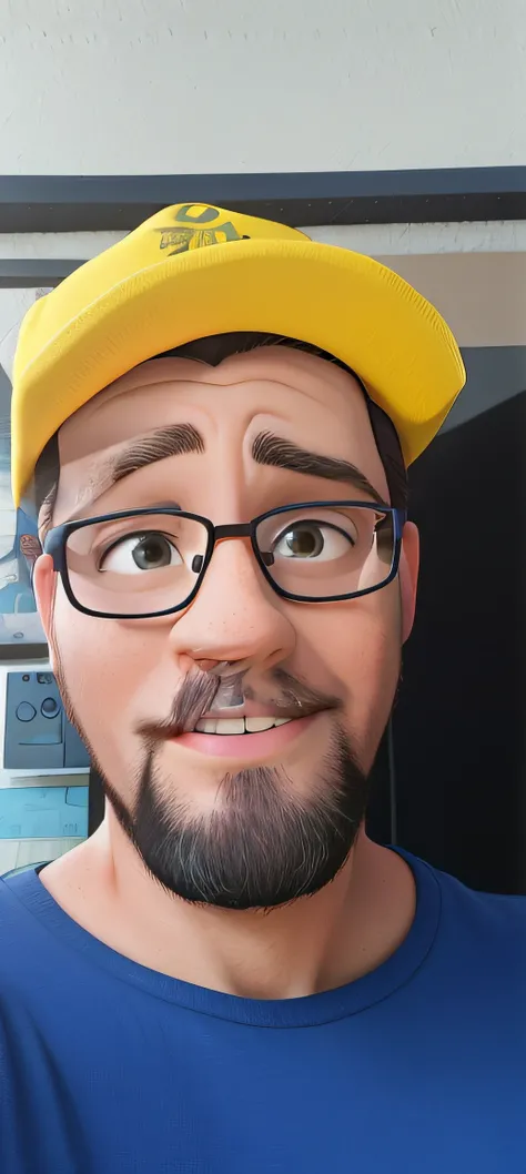 sharp man with yellow hat and glasses looking at camera, Fotografia selfie 8k, Streamer do Twitch / Jogador Ludwig, with glasses and goatee, 3 6 anos, 38 anos, Doug Walker, taken in the early 2020s, 4 5 I, 3 2 anos, david rios ferreira, foto de perfil head...