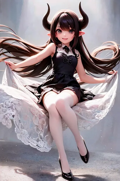 a (horned demon girl) smiling, wearing a lace cloth dress, black hair, red smokey eyes makeup, hair accesories, white hosiery, pumps, dramatic magic floating pose, (full body).