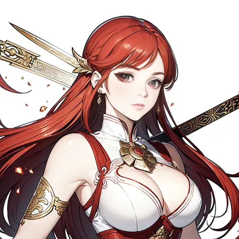 (Cloisonnism:1.2), White background , 1 close up of a woman in a costume holding a sword, a character portrait, fantasy art, extremely detailed ,hot fire goddess, red haired goddess, Oriental elements, reasonable design, Clear lines, (lineart, monochrome)