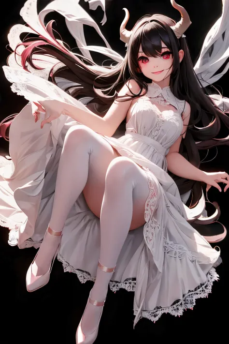 a (horned demon girl) smiling, wearing a lace cloth dress, black hair, red smokey eyes makeup, hair accesories, white hosiery, pumps, dramatic magic floating pose, (full body).