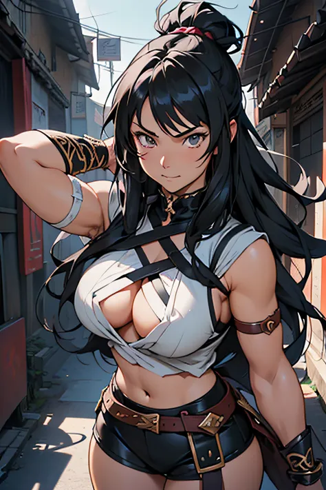 woman with black and white wavy-hair, and barbarian outfit cloth, long hair, stealth digital dungeons and dragons, anime art, , anime style 4 k, detailed digital anime art- anime art, aesthetic, anime style 4 k, best anime 4k konachan wallpaper, badass ani...