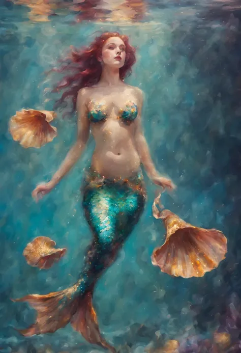 seashells, transparent water, vibrant colors, dreamy atmosphere, beautiful underwater lighting, mermaid tail swaying