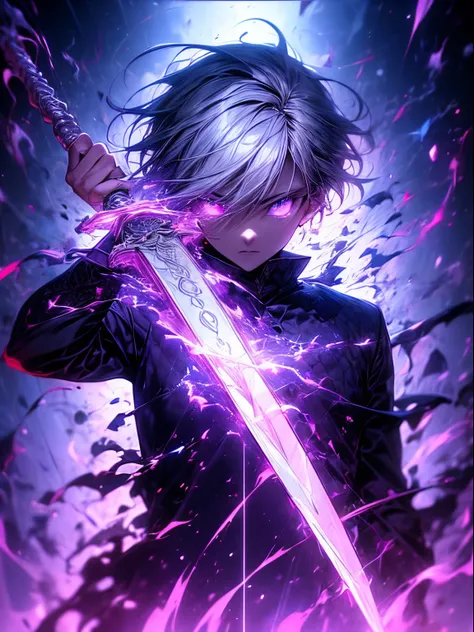 1 boy, handsome, blue and white hair, beautiful face, blue eyes, cosmic sword in hand, blue, purple, dragon cosmic Armor, cosmic energy released from sword, black void background, 4k art, wallpaper, ultra-high detailed, high detailed face and body, face to...