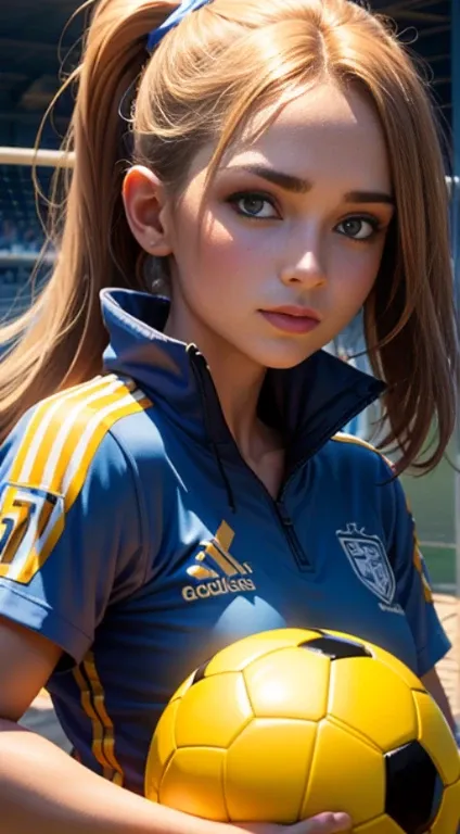 Beautiful soccer player, girl holding a soccer ball, His face is illuminated by bright light, face full of confidence and concentration, The girl is dressed in a sporty style, The perfect female face of the goddess, Деталь 8k, photo realistic style, sharp-...