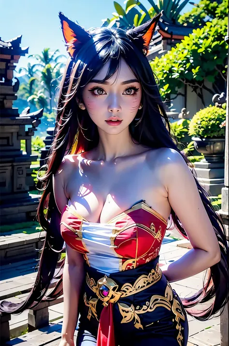 masterpiece, centered, close up shot, ahri \(league of legends\), (nine taileds fox), kebaya_bali blue, cute, standing, (portrai...