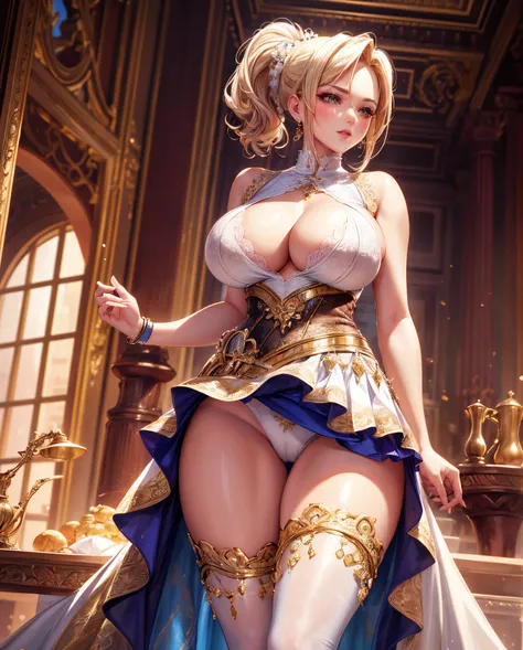 Photorealistic, best quality, high res, meticulous detail, a hot beautiful busty ponytail blonde woman wearing fancy white skirt in random background, big breast, big hips, long legs, very short hair, sexy, blushing face, sensual pose, flawless white skin