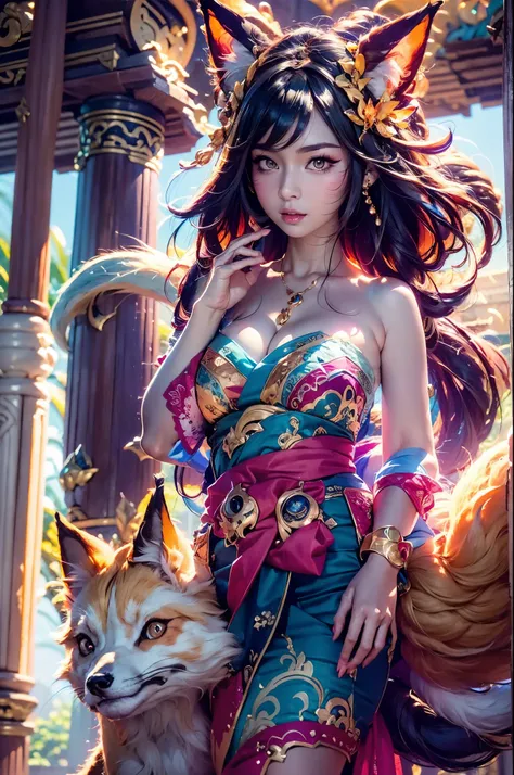 masterpiece, concept art, close up shot, ahri \(league of legends\), (nine taileds fox), kebaya_bali blue, cute, standing, (port...