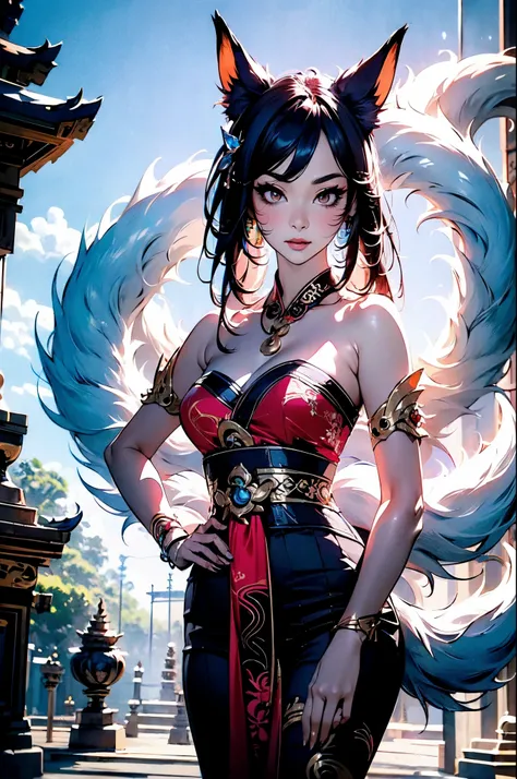 masterpiece, concept art, close up shot, ahri \(league of legends\), nine tailed fox, kebaya_bali blue, cute, standing, (portrai...