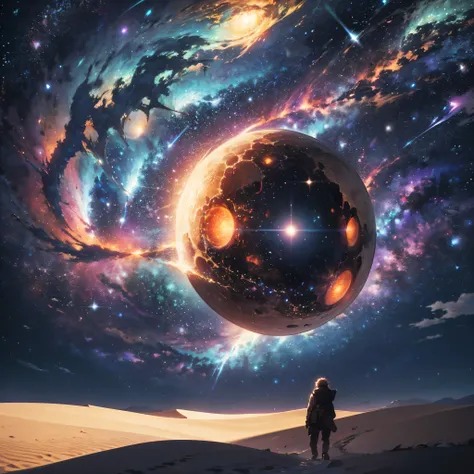 Imagine a man alone walking through the desert (seen from afar) from one side of the dunes to the other, and at the end of the desert you can see a Supernova that is destroying and obscuring the entire universe.