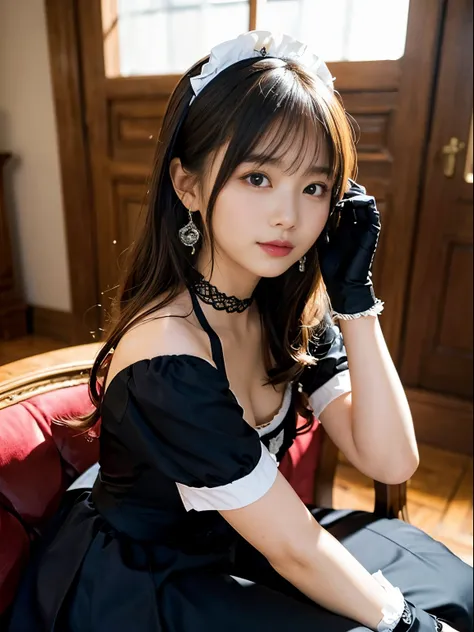 Wearing the cutest gothic maid in the world,Z Cup Big,Sculpture model attracts, (1girl in:1.3)、photos realistic、Photorealsitic:1.4 Official art、ultra-detailliert、Beautiful and aesthetic、Beautiful fece、​masterpiece、top-quality、Sitting on a gorgeous sofa、Leg...