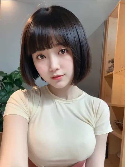 Close-up of a short-haired woman wearing a beige shirt, Short hair details, Qi bangs short hair, Qi bangs hair, bagel hairstyle, hime-cut, young and lovely Asian face, Kurohime cuts hair, Korean girls, chiho, young and cute girl, Those girls&#39; The avata...