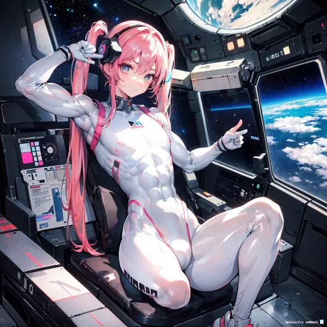 ((Masterpiece)), ((Highest image quality)), (Highest image quality)), (((Illustration of one adult)), Full body, (((25 years old)), (Face is female, Body is male)), (Pink hair twintails)), Light gray eyes, (((Tall)), ((Flat)), (Small breasts), (Muscular st...