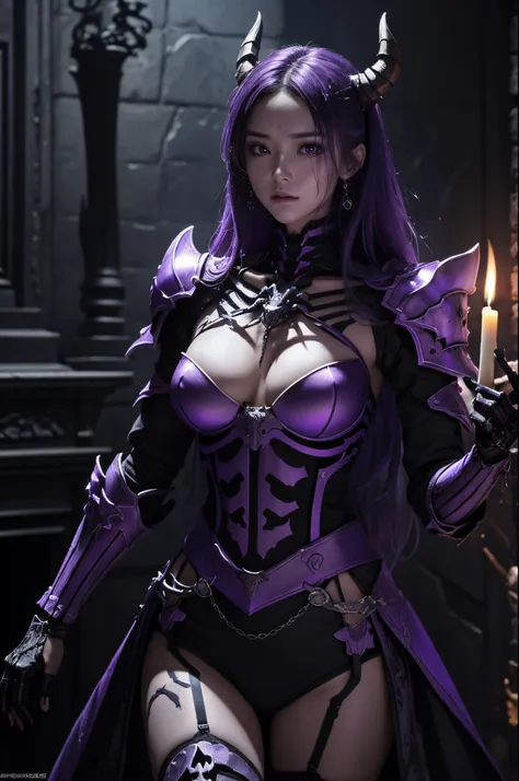 8K、There&#39;s a female skeleton wearing tattered armor in a dimly lit room。(​masterpiece)With a sword and shield、emits purple smoke from its body(purple glowing effect)frightening look、devil&#39;s skeleton(exact details of the skeleton)A space full of mad...