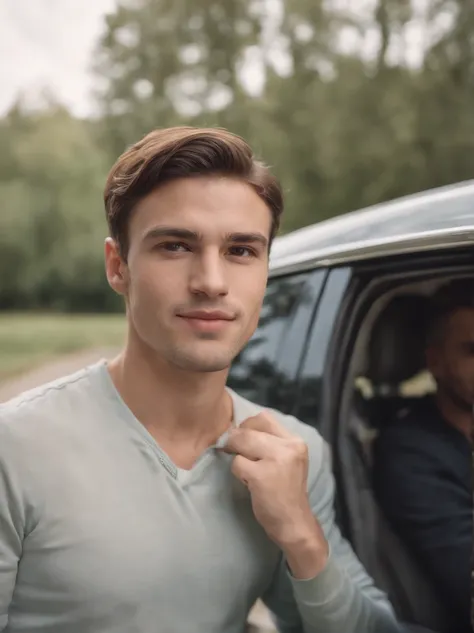 RAW Photo, DSLR BREAK, 1 male-focused, Young man getting out of car, happy expression, casual, trendy, bmw commercial photo, shot on Hasselblad camera, medium format, depth of field, out of focus, dramatic lighting