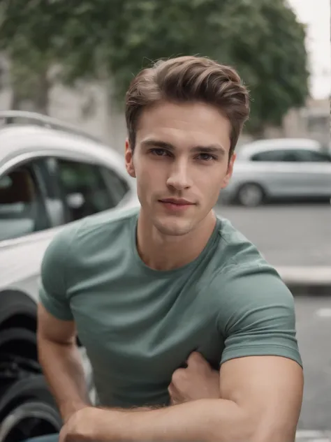 RAW Photo, DSLR BREAK, 1 male-focused, Young man getting out of car, happy expression, casual, trendy, bmw commercial photo, shot on Hasselblad camera, medium format, depth of field, out of focus, dramatic lighting