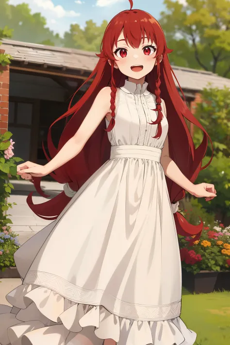 masterpiece, best quality, highres, aarurutie,1girl, wedding dress, white dress, standing, garden, smile, open mouth, long braid red hair, red eyes