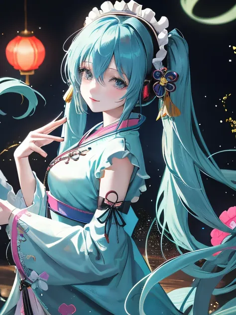 1 girl in、miku hatsune、blue hairs、length hair、up hair、chinese clothes、Lolita Fashion、Smile、neons