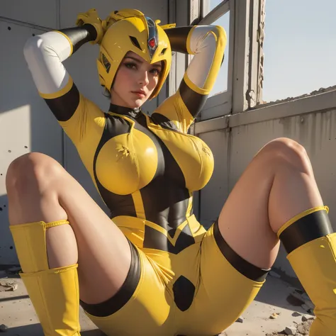 (masterpiece:1.1, Best Quality:1.1, 16 K, High resolution), 1womanl, (Ultra-realistic portrait of yellow power ranger), Ultra-detailed, Illustration, (Sleeveless:1.5 put her hands up:1.35, Show me her shaved armpits:1.5, gloves, bob short hair, Yellow boot...