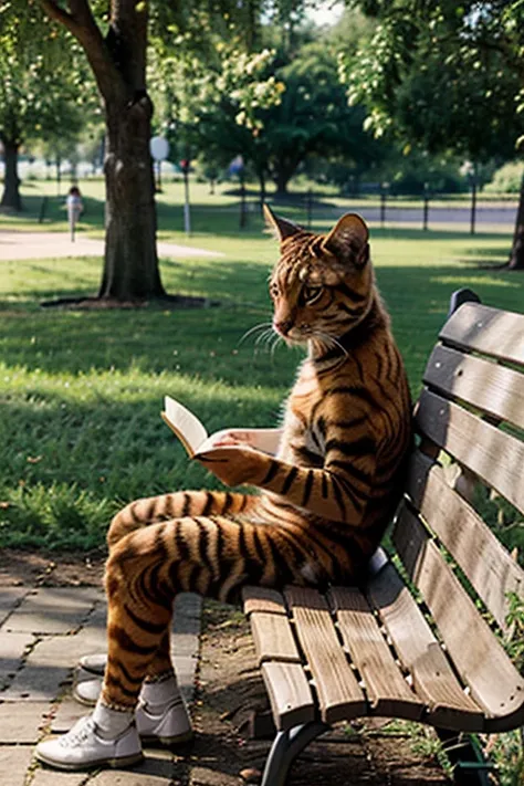 toyger cat breed, reads a book, bench, A park