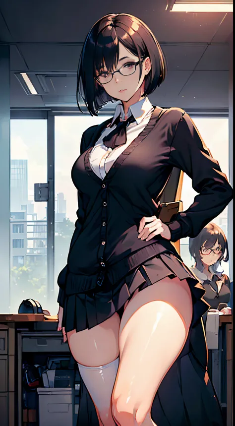 (((((middle age woman))))), masterpiece, ultra detailed, illustration, highly detailed face, 1 woman, (((((walking spread legs))))), (((((upskirt))))), 33 years old, (((((tall))))), (((small eyes))), ((glasses)), (surgical white mask), (((black very short ...