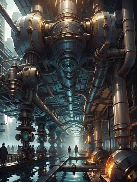 (((steampunk))),city,(((crowded buildings))),exposed gears and pipes,(((dim light))),submerged ground,((gears)),((thick pipes)),covered bridge,The perspective is from the bottom up, reflecting the height of the building,dark weather,smoking chimneys,(((mec...