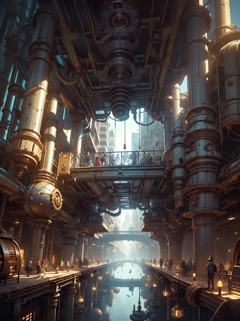 (((steampunk))),city,(((crowded buildings))),exposed gears and pipes,(((dim light))),submerged ground,((gears)),((thick pipes)),covered bridge,The perspective is from the bottom up, reflecting the height of the building,dark weather,smoking chimneys,(((mec...