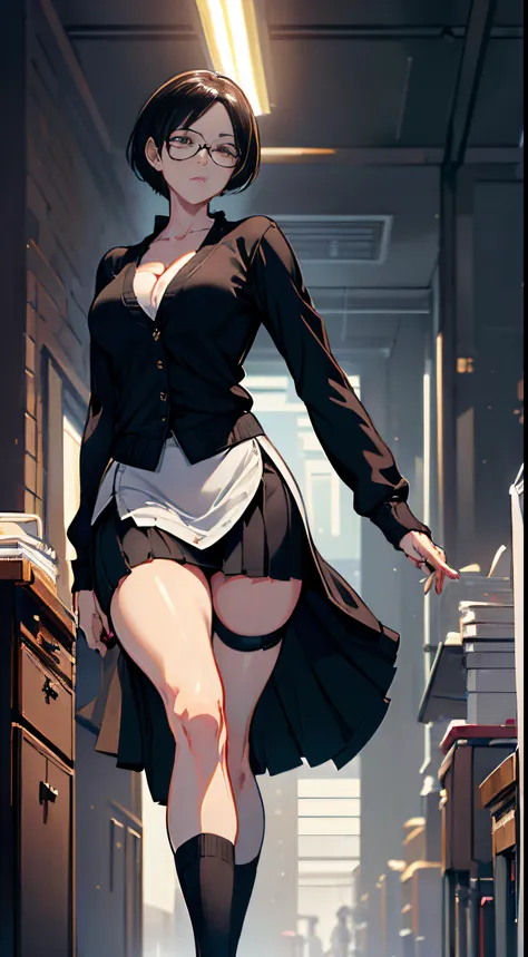 (((((middle age woman))))), masterpiece, ultra detailed, illustration, highly detailed face, 1 woman, (((((walking spread legs))))), (((((upskirt))))), 33 years old, (((((tall))))), (((small eyes))), ((glasses)), (surgical white mask), (((black very short ...