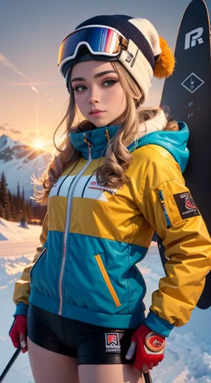 Beautiful skier, His face is illuminated by bright light, face full of confidence and concentration, The girl is dressed in a sporty style, The perfect female face of the goddess, Деталь 8k, photo realistic style, sharp-focus, Professional lighting, colorf...