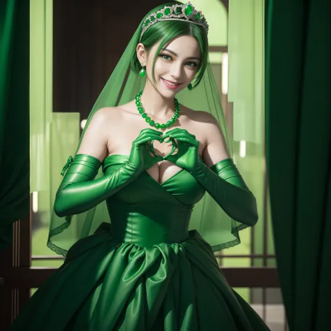 emerald tiara, Green Pearl Necklace, Boyish very short green hair, lipsticks, Japan woman smiling, very short short hair, big breasts beautiful, Green eyes, Long green gloves made of satin material, Green eyes, Emerald Earrings, green vale, Heart with both...