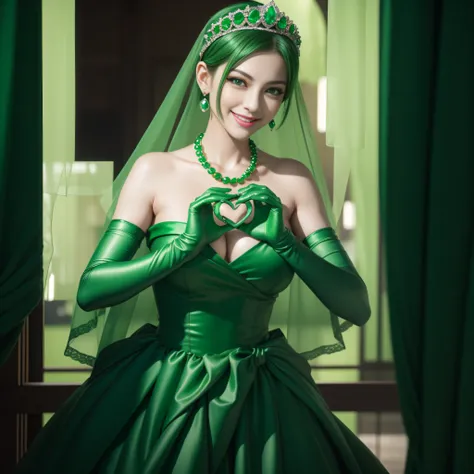 emerald tiara, Green Pearl Necklace, Boyish very short green hair, lipsticks, Japan woman smiling, very short short hair, big breasts beautiful, Green eyes, Long green gloves made of satin material, Green eyes, Emerald Earrings, green vale, Heart with both...