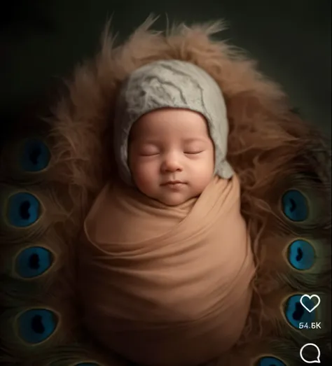 arafed baby sleeping in a blanket with a hat on, maternal photography 4 k, inspired by Anne Geddes, peacock feather wrap the head, cute photo, profile pic, beautiful cute, cute boy, cute adorable, professional iphone photo, adorable, detailed portrait shot...