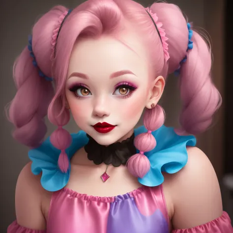 A clown girl with pink pigtails and pink diamond makeup with pink lipstick, wearing pink jester clothes