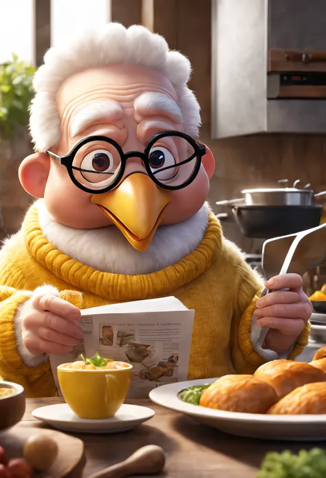 Wear a yellow sweater、Cute white turkey grandpa wearing reading glasses，cooking a，3 Rendering, Focus sharp, ultra-realistic realism, Fluffy, fantasy engine, 5 quality rendering, 3 Rendering, furry art,Brand advertising, Creative poster,Produced by Pixar，