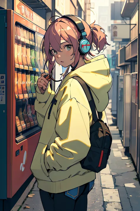 Shibuya, back alley, vending machine in background, hoodie on head, from above, (8k, RAW photo, best quality, masterpiece:1.2), girl in 20s with headphones around neck