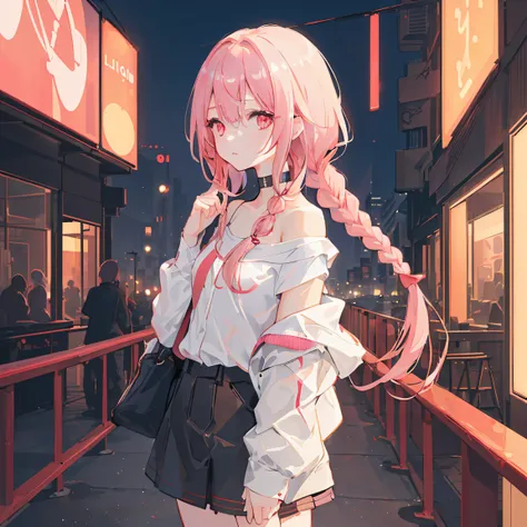 1girl, solo, loli, petite, (very_long_hair), (pink_hair:1.2), braids, (red_eyes), medium_breasts, (white_shirt:1.5), (windbreaker), (off_shoulder:1.2), (portrait), glowing_eyes, background_light, (cityscape:1.5), (neon_lights:1.2), (shushing:1.2),(science)...