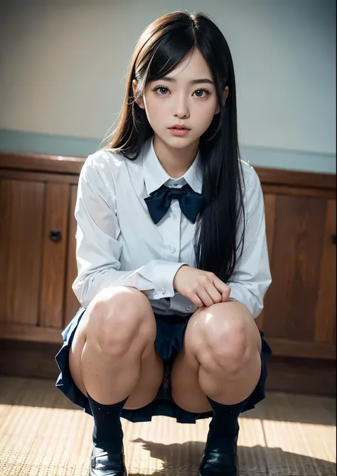 Dark blue high socks　majicMIX Real、(Raw photography:1.2)、(Photorealsitic:1.4)、The beauty of beautiful details　and delicate facial expressions、a blond、((Panties are visible))(Squatting panty shots)piercings　Lashes　beatiful detailed eyes、huge filesize、ultra-...