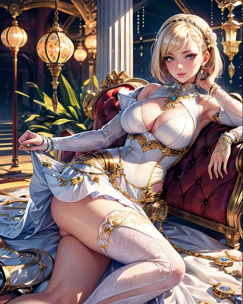 Photorealistic, Best Quality, hight resolution, Attention to detail, She is wearing a fancy white skirt on a random background。, Constricted waist,an hourglass figure,  Blonde Woman, Long legs, Very short hair, Beautiful hairstyle, Sexy, Blushing face, Sen...