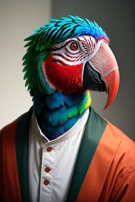 RAW photo, animal, a portrait photo of [man:parrot:2] humanoid in clothes, face, 8k uhd, dslr, soft lighting, high quality, film grain, Fujifilm XT3