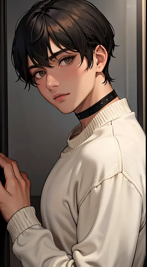 One Beautiful Boy, Private room with no one, With bangs, black hair shorthair, Brown eyes, ​masterpiece, absurderes, Night, beautiful and detailed face, Looking at Viewer, loose white long sleeve sweater, a black choker