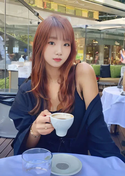 Red-haired woman drinking coffee at an outdoor restaurant table, beautiful Korean girl, captured on canon eos r 6, beautiful south korean woman, Mystery Cafe Girl, Drink coffee, beautiful Korean girl, sun yunjoo, taken with sony alpha 9, heonhwa choe, Enjo...