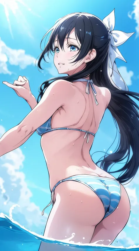 (((masutepiece))), Best Quality, Highly detailed,the Extremely Detailed CG Unity 8K Wallpapers,Illustration,opal,tiny girl,silvery latex sting bikini,large full breasts,A slender、Black hair,poneyTail、White ribbon、Light blue eyes、Blue Bikini、frilld、scrunchi...