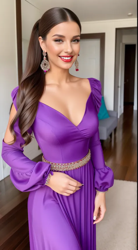 Beautiful woman with a long brunette ponytail, wearing a purple maxi dress and a puffed puffed sleeve. She has long red nails, red earrings, red lips, and red high heels and wears belt at waist. she is genuinly smiling. She is very charming to look.