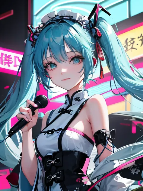 1 girl in、miku hatsune、blue hairs、length hair、up hair、chinese clothes、Lolita Fashion、Smile、neon signs、Singing Girl、Wink