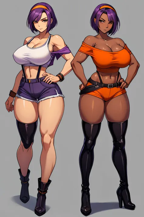 Yoruichi Shihoin, Faye Valentine, cleavage, 25yo woman, hazel eyes, yellow hairband, orange crop top, red shirt, off shoulder, tied shirt, suspenders, midriff, orange shorts, thighhighs, high heel boots, short hair, purple hair, beautiful woman, hourglass ...