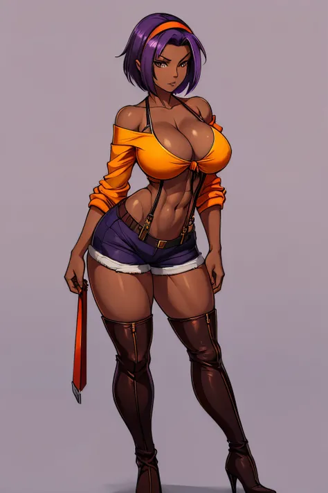 Yoruichi Shihoin, Faye Valentine, cleavage, 25yo woman, hazel eyes, yellow hairband, orange crop top, red shirt, off shoulder, tied shirt, suspenders, midriff, orange shorts, thighhighs, high heel boots, short hair, purple hair, beautiful woman, hourglass ...