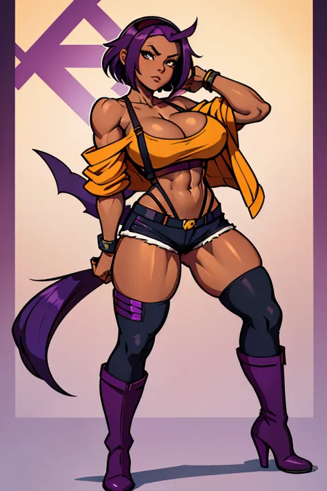 Yoruichi Shihoin, Faye Valentine, cleavage, 25yo woman, hazel eyes, yellow hairband, orange crop top, red shirt, off shoulder, tied shirt, suspenders, midriff, orange shorts, thighhighs, high heel boots, short hair, purple hair, beautiful woman, hourglass ...