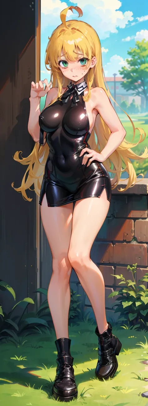 aaasia,long hair,ahoge,ribbon,masterpiece,best quality,outdoors,full body,(ultra-detailed,healthy skin,blushed),((((dominant girl,authority,merciless,confident,assertive))))