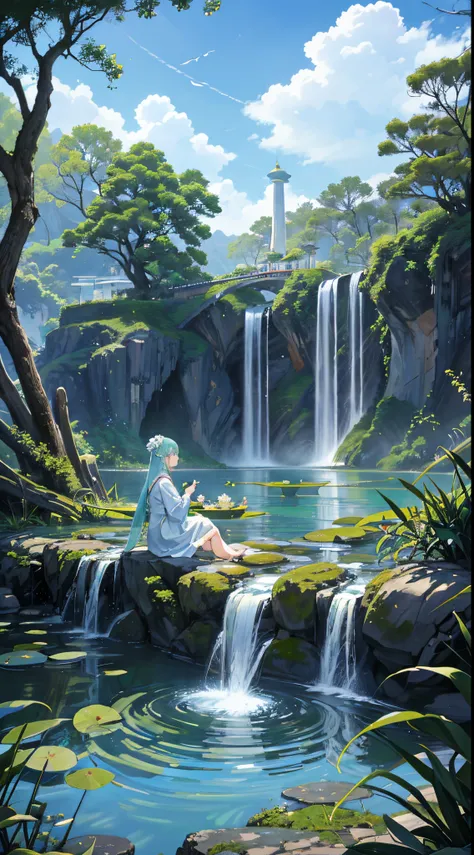 winning artwork，Lyrical，heal your mood，Soothing scenery、bamboos、lake rockery、archs、rockery、that tree、Flowing water、scenecy、luring、waterfall man、grassy fields、Rochas、water lilies、small stream、lotus flower、themoon、hot springs、、Epic work、Luzes Realistas、High ...