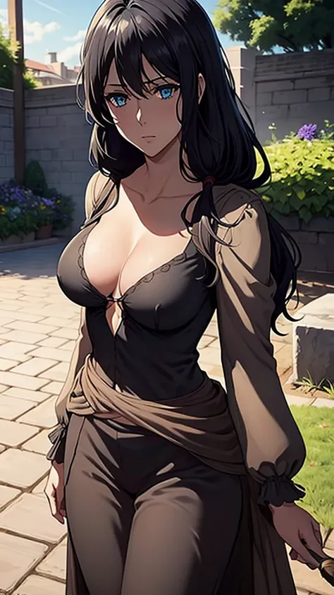 Long black hair,black colour suit and black shirt, perfect sized boobs, standing,blue colour eyes,ultra realistic detailed blue eyes, beautiful and perfect face, sunlight and garden background, Violet Evergardens hairstyle, black hair